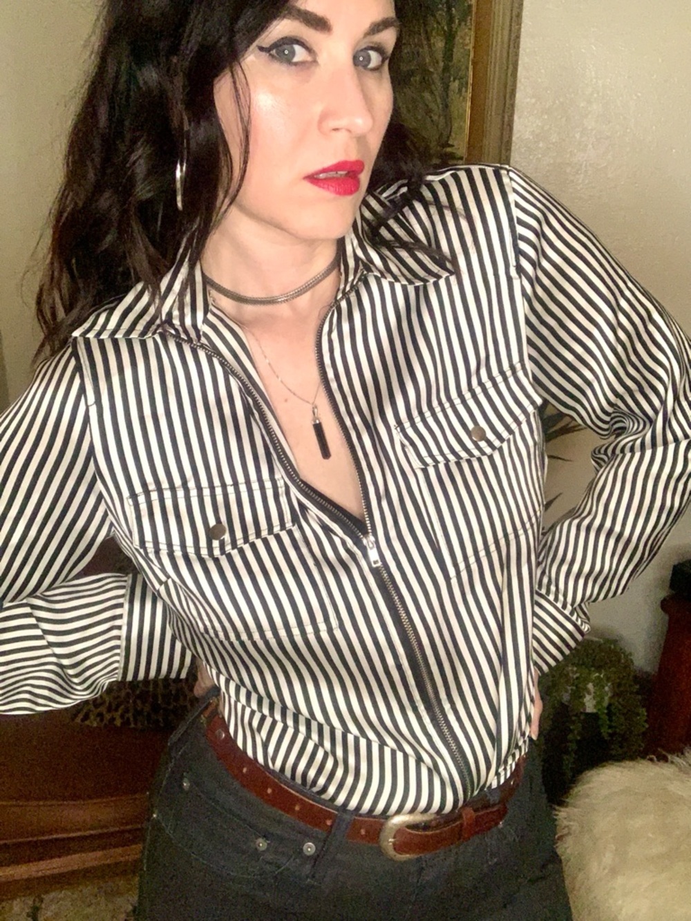 2/$30 Tracy M Vintage Black and White Striped Blouse